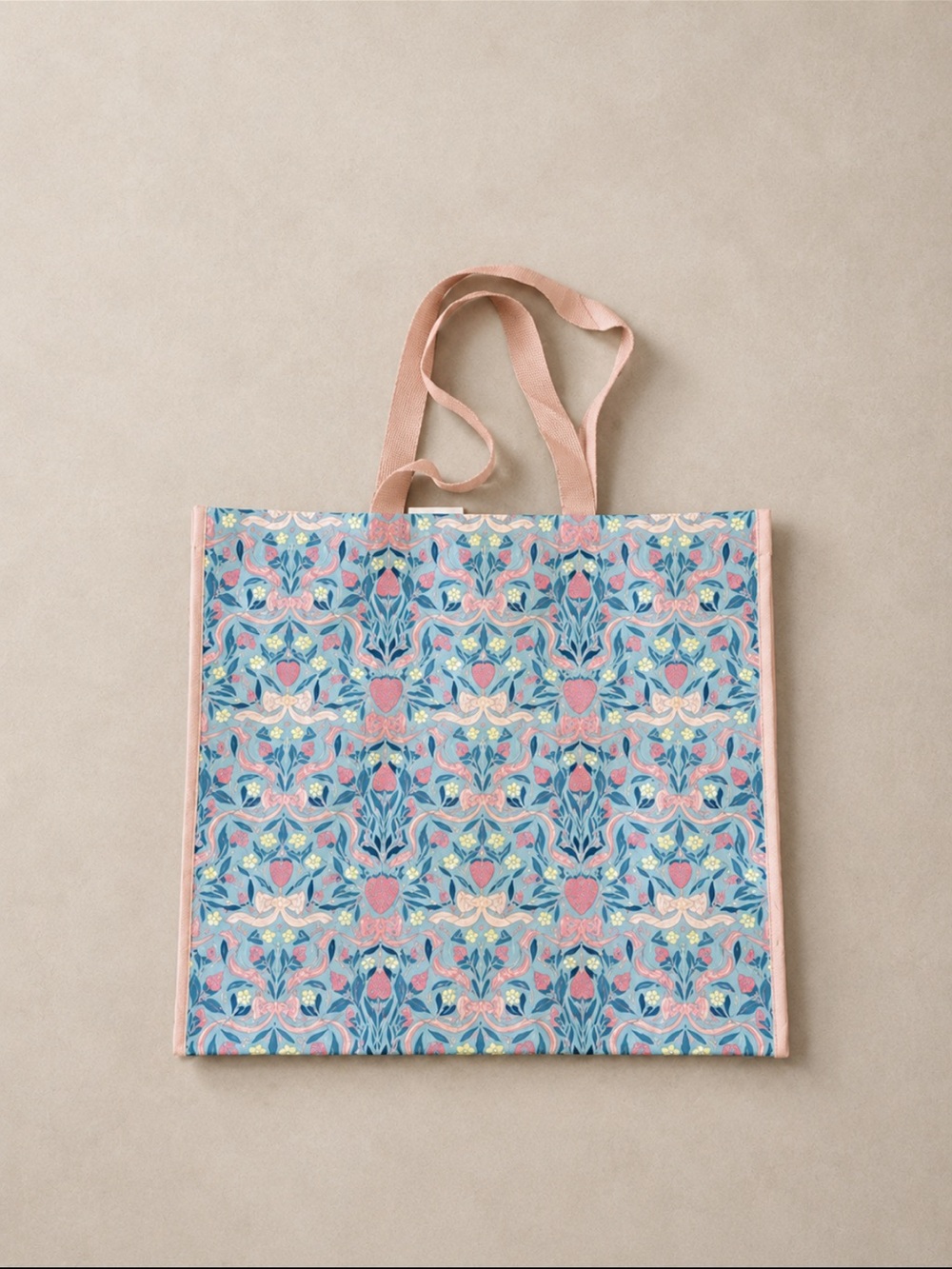 Strawberry bow print reusable tote bag